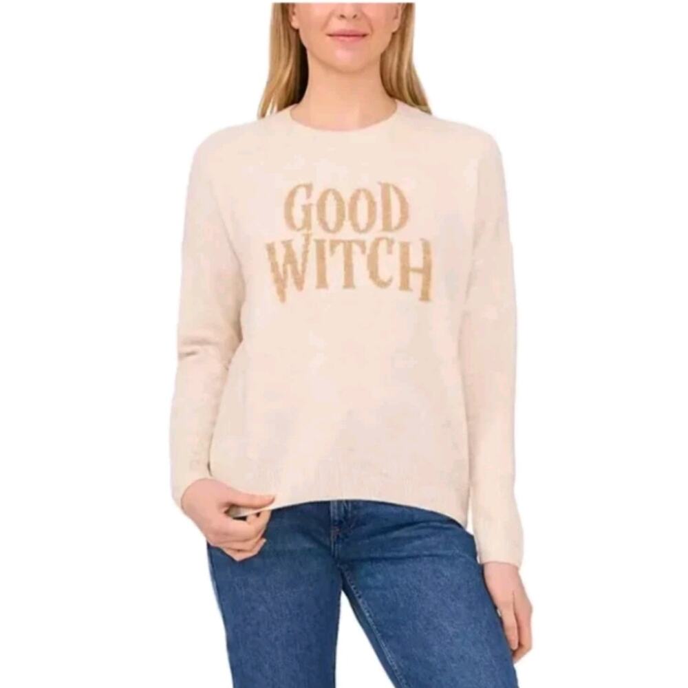 NWT Vince Camuto Good Witch Sweater Cream Gold Metallic Lettering Halloween XL